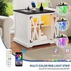 Table d'appoint de ferme blanche/chêne avec station de recharge, lumière LED et étagère de rangement