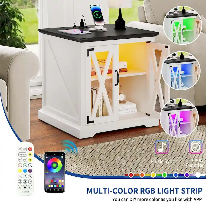 Table d'appoint de ferme blanche/chêne avec station de recharge, lumière LED et étagère de rangement