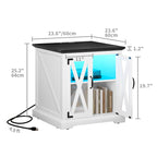 Table d'appoint de ferme blanche/chêne avec station de recharge, lumière LED et étagère de rangement