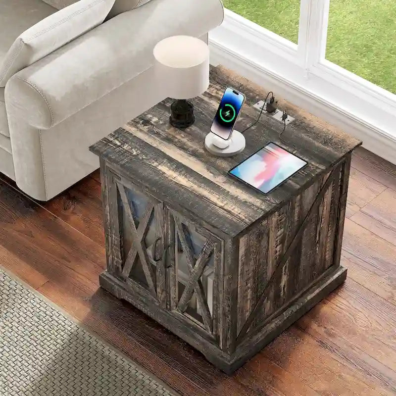 Table d'appoint de ferme blanche/chêne avec station de recharge, lumière LED et étagère de rangement