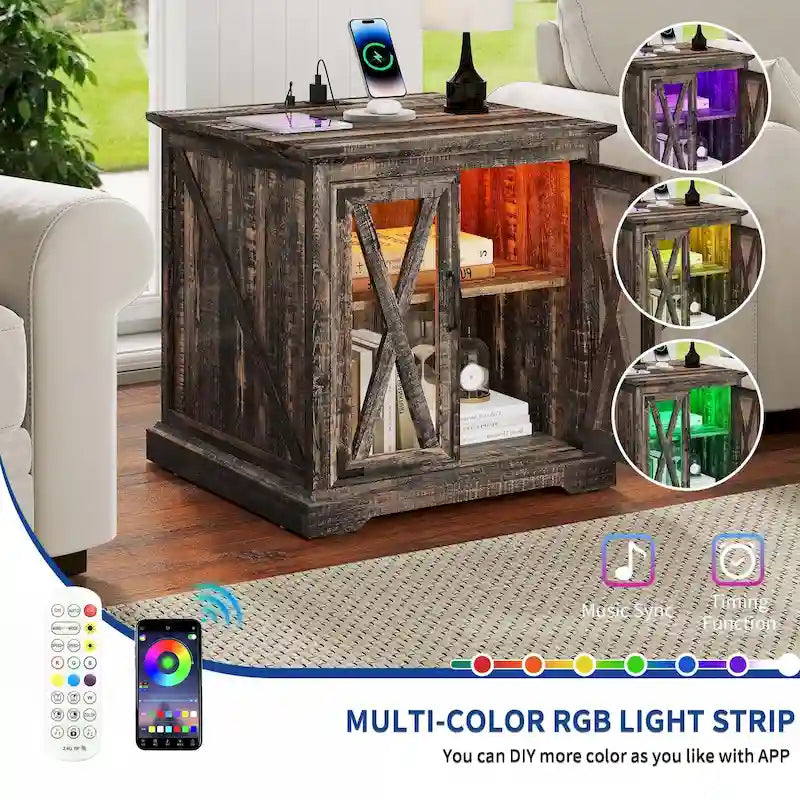 Table d'appoint de ferme blanche/chêne avec station de recharge, lumière LED et étagère de rangement