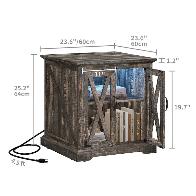 Table d'appoint de ferme blanche/chêne avec station de recharge, lumière LED et étagère de rangement