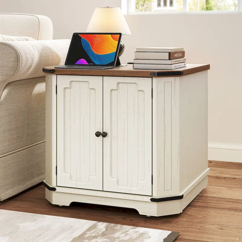 Table d'appoint de ferme blanche/chêne avec station de recharge, lumière LED et étagère de rangement
