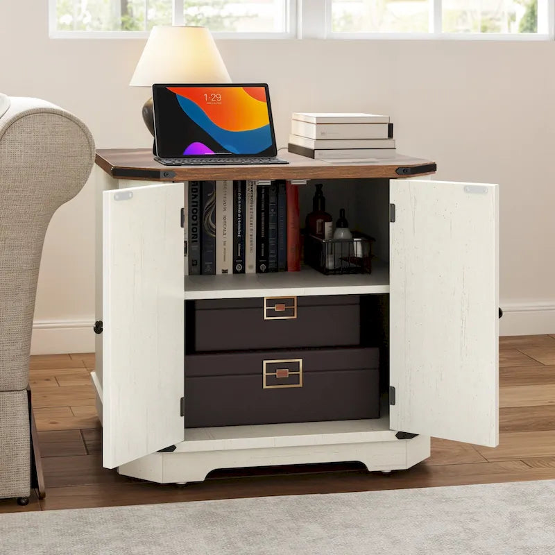 Table d'appoint de ferme blanche/chêne avec station de recharge, lumière LED et étagère de rangement