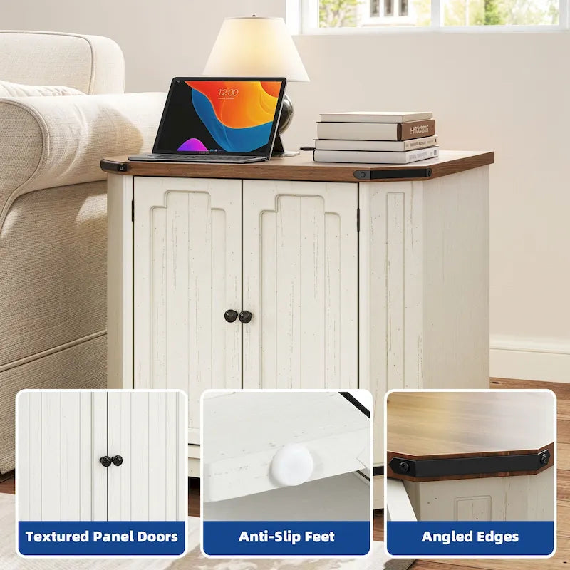 Table d'appoint de ferme blanche/chêne avec station de recharge, lumière LED et étagère de rangement