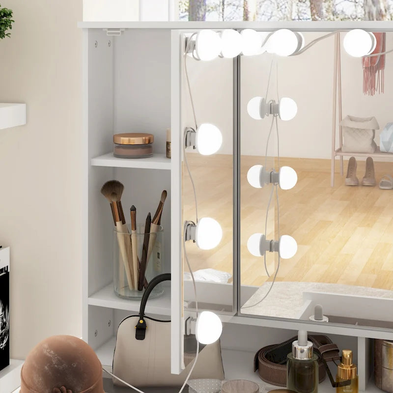 Coiffeuse blanche avec miroir triptyque et éclairage LED, 1 personne