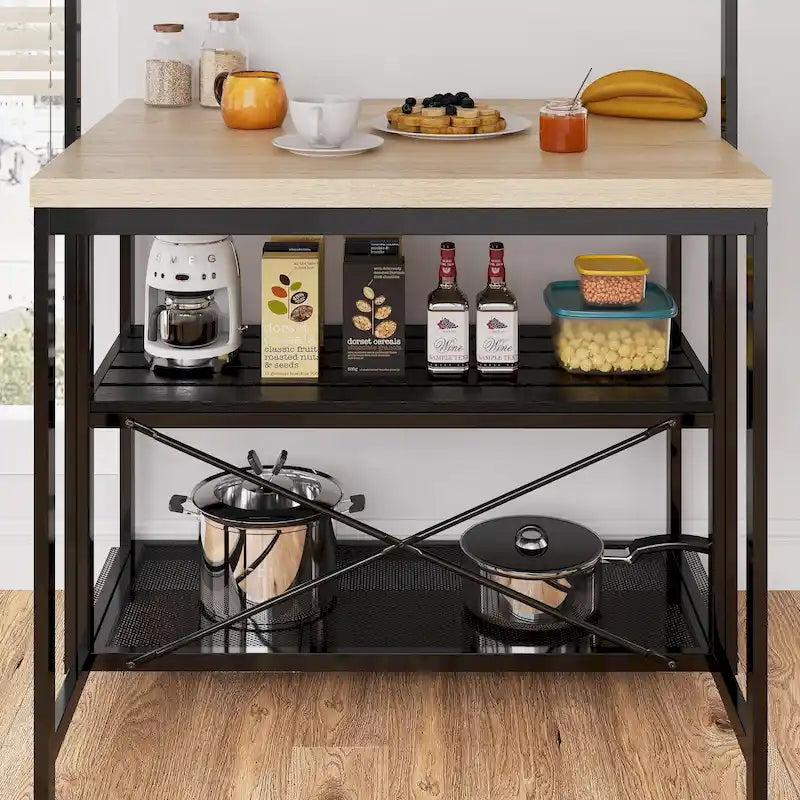 Îlot de Cuisine Bicolore Naturel/Marron/Beige avec Étagères à 3 Niveaux et 5 Crochets pour 4 Personnes