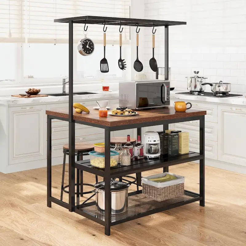 Îlot de Cuisine Bicolore Naturel/Marron/Beige avec Étagères à 3 Niveaux et 5 Crochets pour 4 Personnes