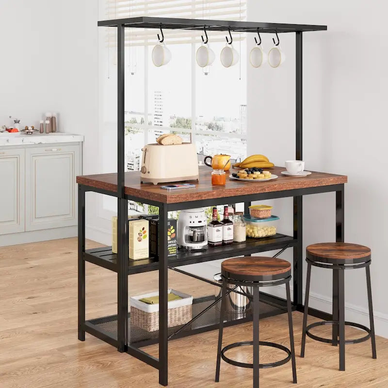 Îlot de Cuisine Bicolore Naturel/Marron/Beige avec Étagères à 3 Niveaux et 5 Crochets pour 4 Personnes