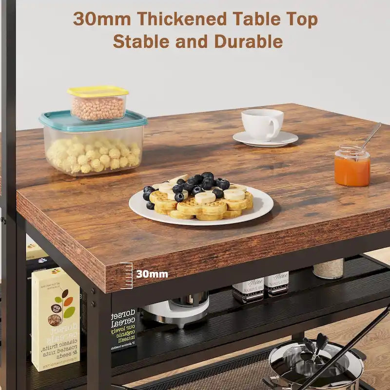 Îlot de Cuisine Bicolore Naturel/Marron/Beige avec Étagères à 3 Niveaux et 5 Crochets pour 4 Personnes
