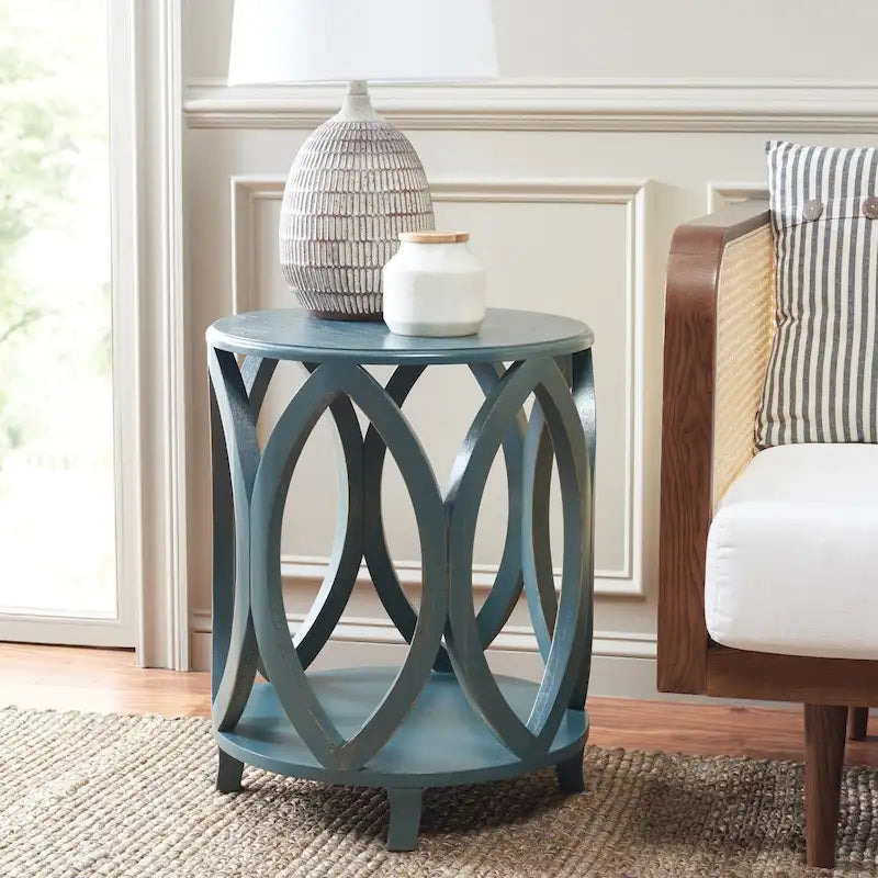 Table d'appoint moderne géométrique en bois de peuplier blanc cassé/vert sarcelle foncé/gris cendré