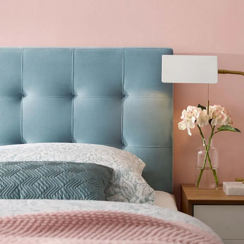 Tête de lit capitonnée en velours rose/gris/bleu clair/blanc/bleu marine, 1 personne