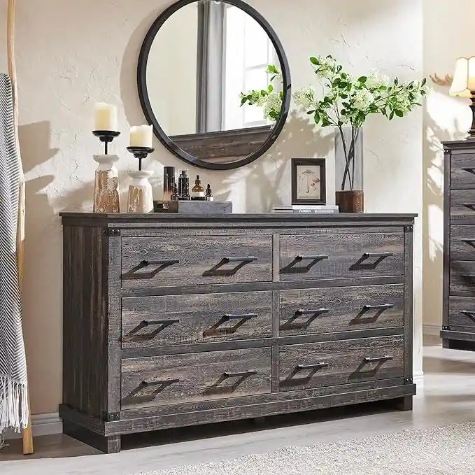 Commode en bois vieillie à 6 tiroirs, style fermette, 5 couleurs, avec garniture cloutée