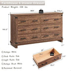 Commode en bois vieillie à 6 tiroirs, style fermette, 5 couleurs, avec garniture cloutée