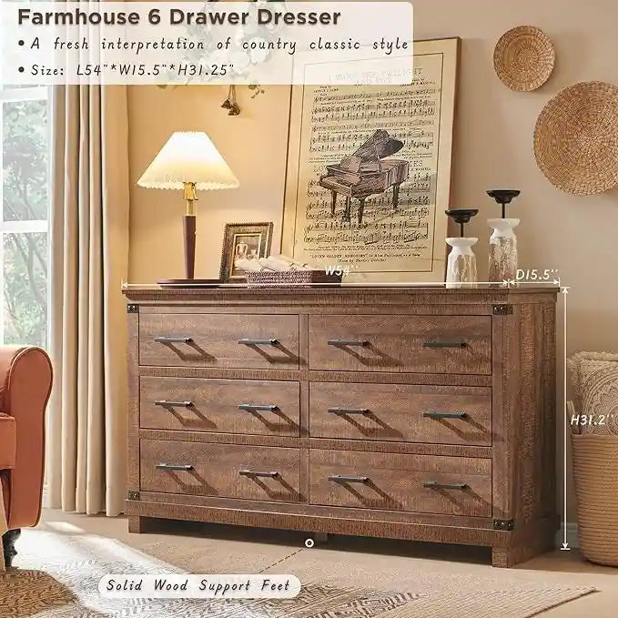 Commode en bois vieillie à 6 tiroirs, style fermette, 5 couleurs, avec garniture cloutée