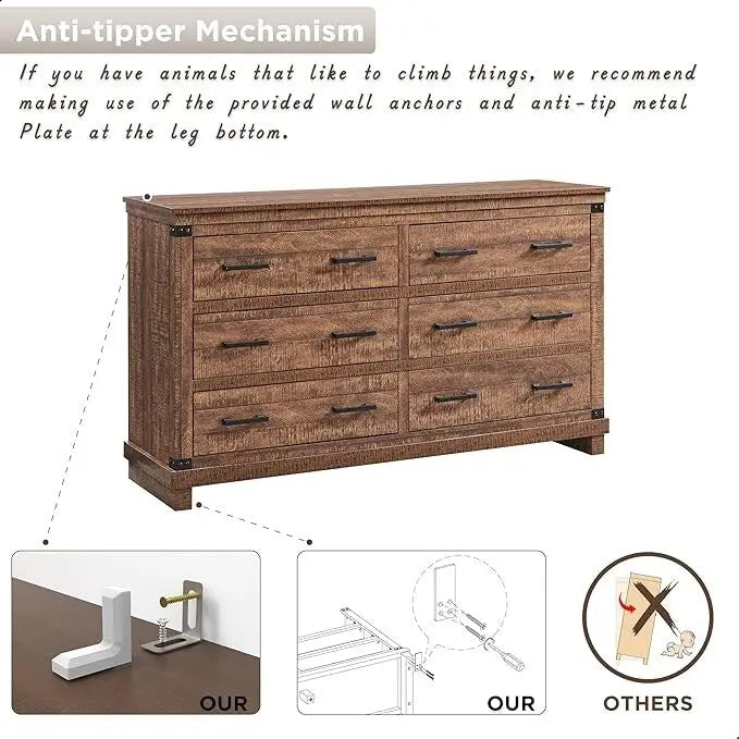 Commode en bois vieillie à 6 tiroirs, style fermette, 5 couleurs, avec garniture cloutée
