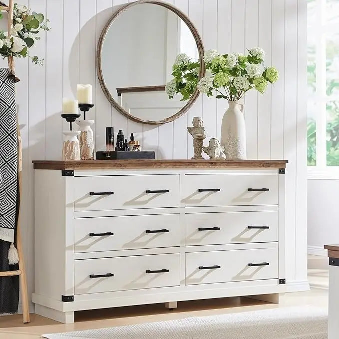 Commode en bois vieillie à 6 tiroirs, style fermette, 5 couleurs, avec garniture cloutée