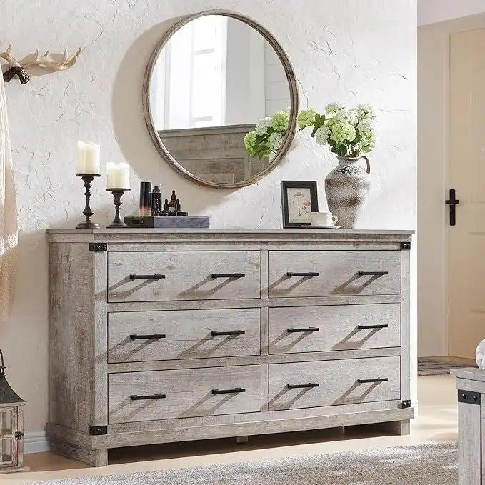 Commode en bois vieillie à 6 tiroirs, style fermette, 5 couleurs, avec garniture cloutée