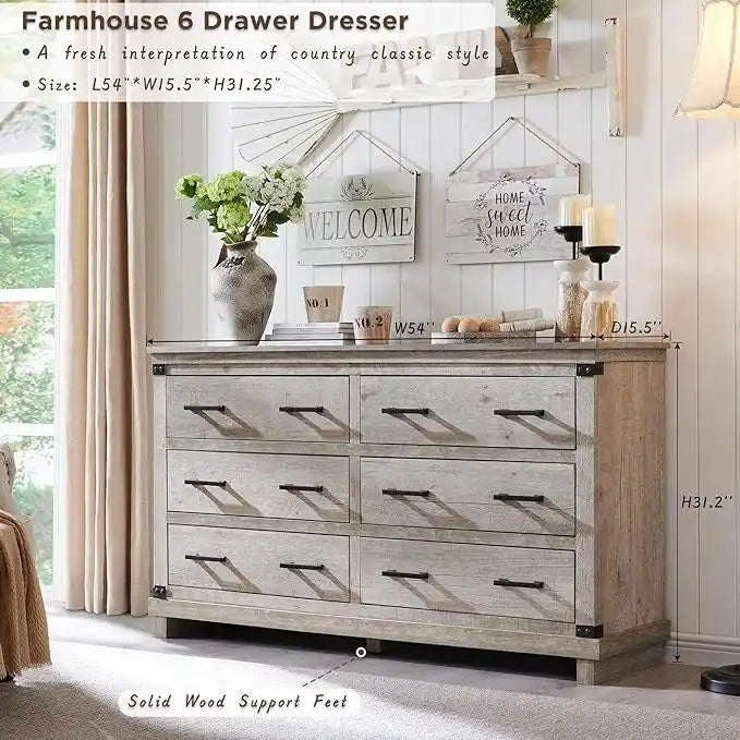 Commode en bois vieillie à 6 tiroirs, style fermette, 5 couleurs, avec garniture cloutée