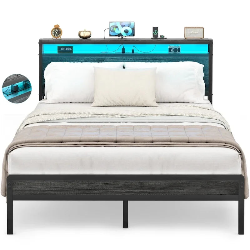 Cadre de lit plateforme marron/gris/noir avec tête de lit de rangement et LED, double/grand/très grand