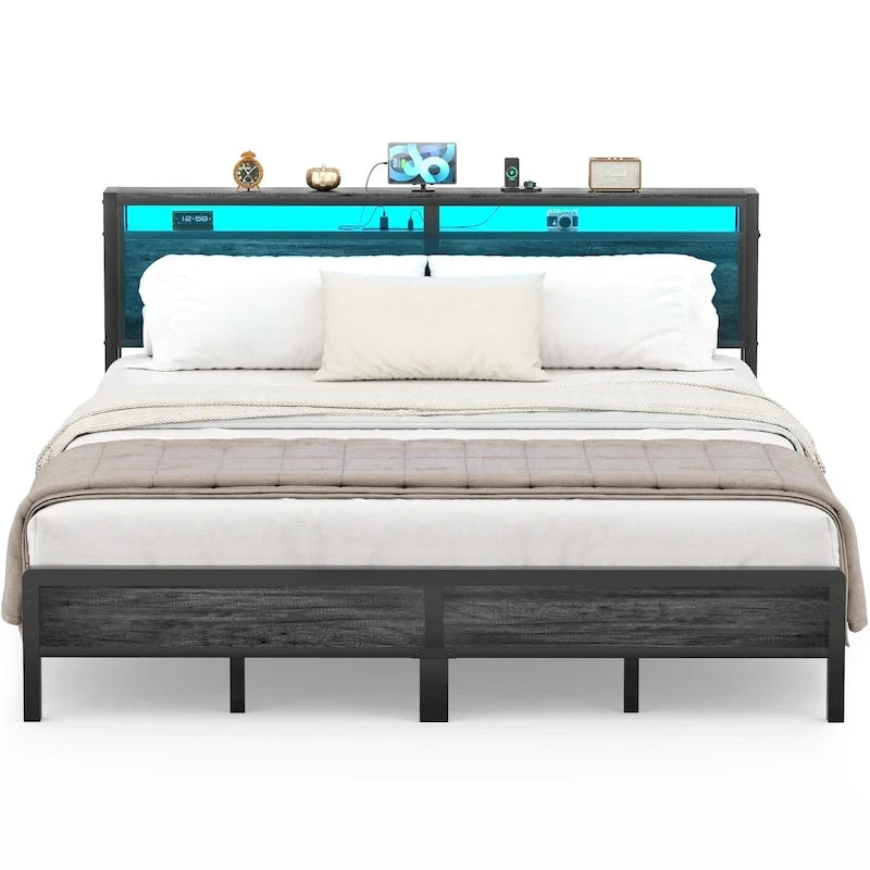 Cadre de lit plateforme marron/gris/noir avec tête de lit de rangement et LED, double/grand/très grand