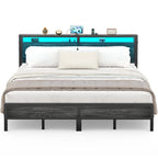 Cadre de lit plateforme marron/gris/noir avec tête de lit de rangement et LED, double/grand/très grand