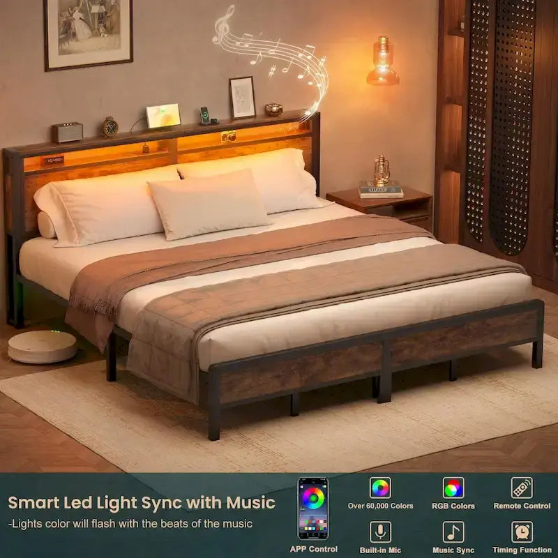 Cadre de lit plateforme marron/gris/noir avec tête de lit de rangement et LED, double/grand/très grand