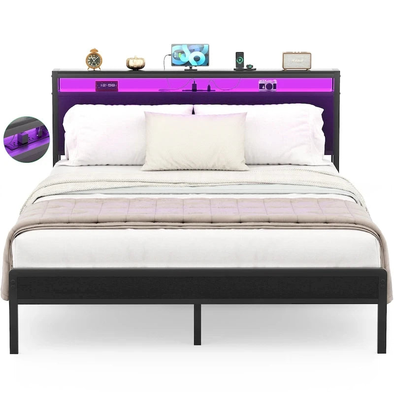 Cadre de lit plateforme marron/gris/noir avec tête de lit de rangement et LED, double/grand/très grand