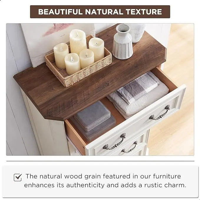 Commode rustique 5 tiroirs en bois manufacturé avec poignées colonnes 4 couleurs