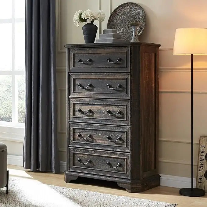 Commode rustique 5 tiroirs en bois manufacturé avec poignées colonnes 4 couleurs