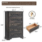 Commode rustique 5 tiroirs en bois manufacturé avec poignées colonnes 4 couleurs
