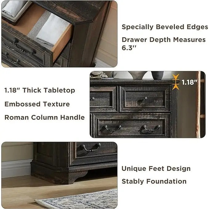 Commode rustique 5 tiroirs en bois manufacturé avec poignées colonnes 4 couleurs