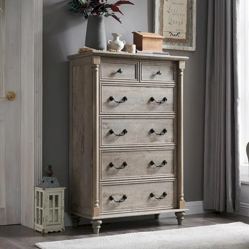 Commode à 6 tiroirs chêne rustique foncé/clair/bois de grange/blanc antique, 1 personne