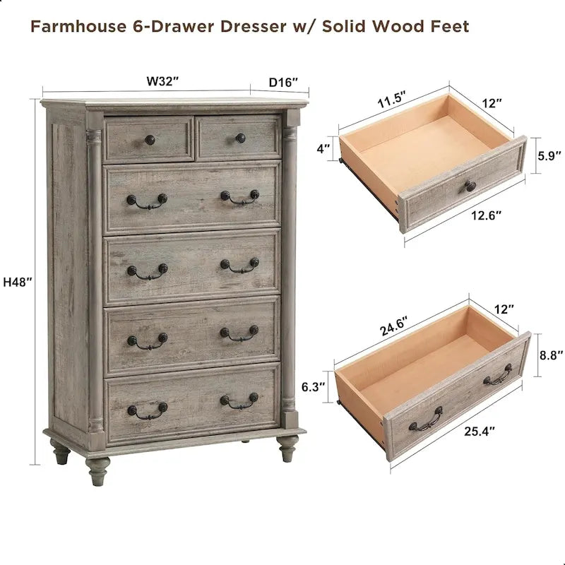 Commode à 6 tiroirs chêne rustique foncé/clair/bois de grange/blanc antique, 1 personne