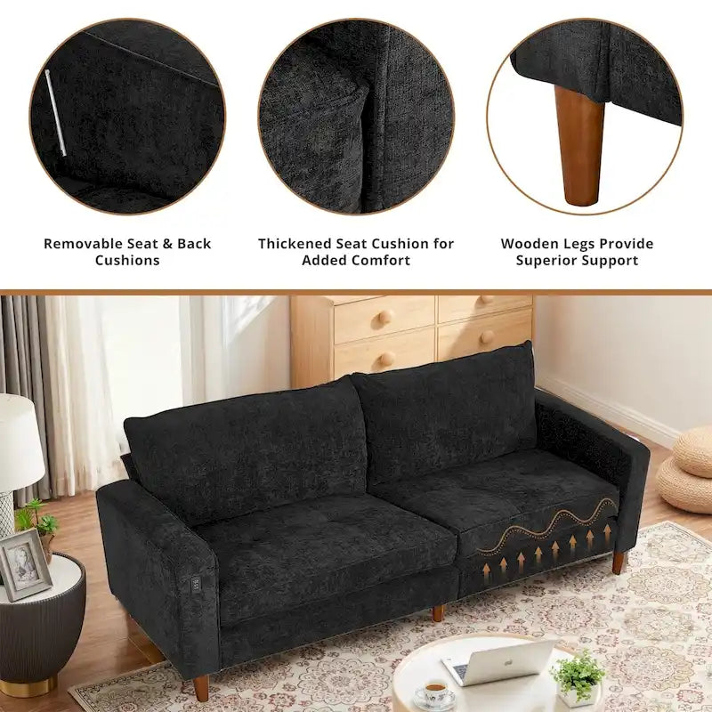 Causeuse moderne touffetée en chenille 8 couleurs avec port USB et housses amovibles pour 2-3 personnes