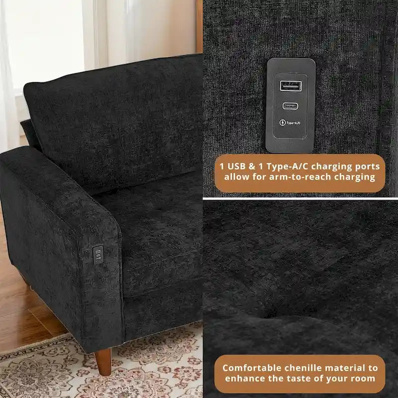 Causeuse moderne touffetée en chenille 8 couleurs avec port USB et housses amovibles pour 2-3 personnes