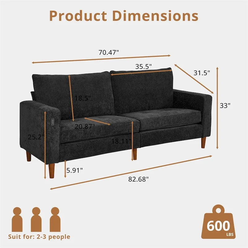 Causeuse moderne touffetée en chenille 8 couleurs avec port USB et housses amovibles pour 2-3 personnes