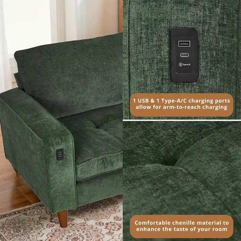 Causeuse moderne touffetée en chenille 8 couleurs avec port USB et housses amovibles pour 2-3 personnes