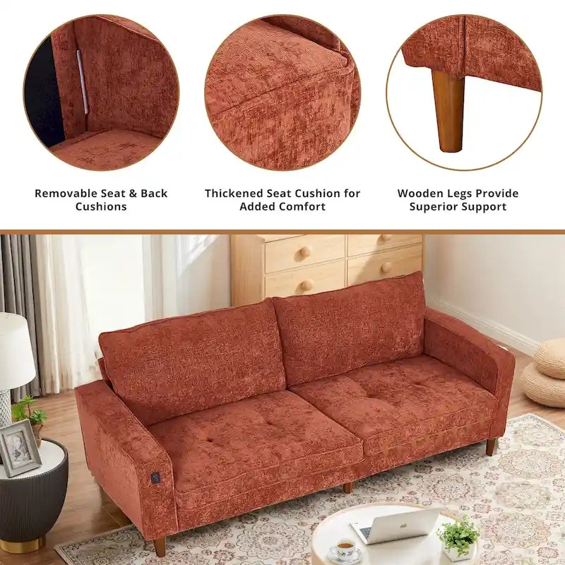 Causeuse moderne touffetée en chenille 8 couleurs avec port USB et housses amovibles pour 2-3 personnes
