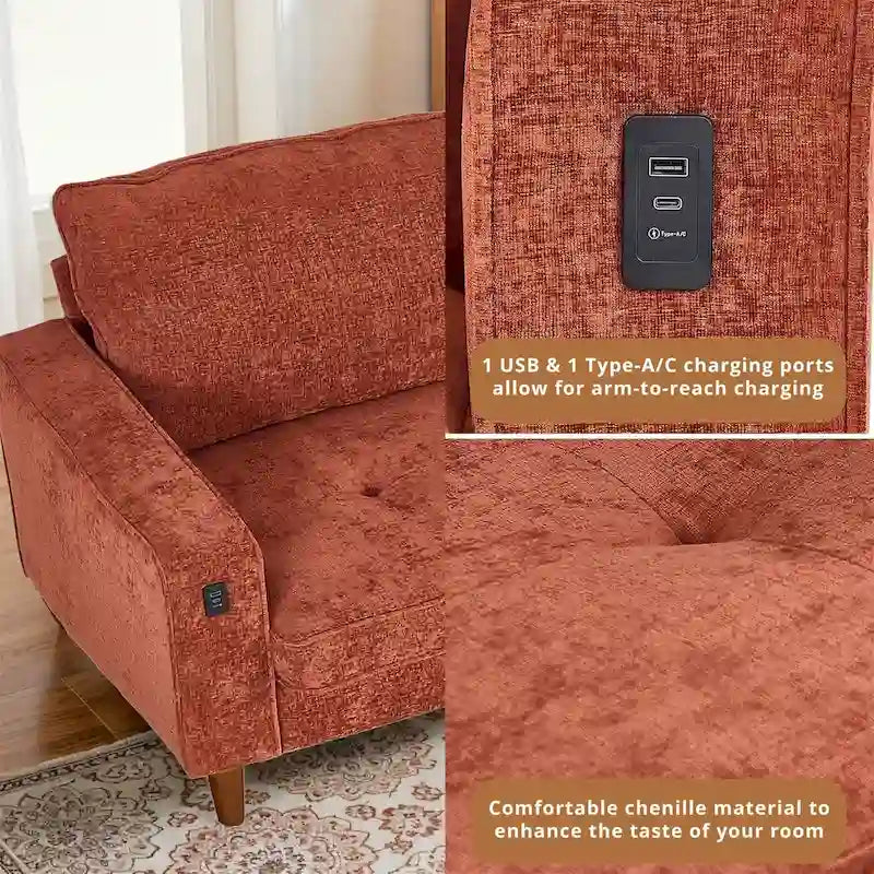 Causeuse moderne touffetée en chenille 8 couleurs avec port USB et housses amovibles pour 2-3 personnes
