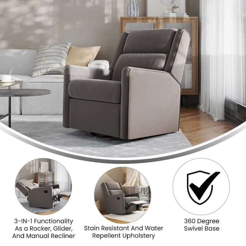 Fauteuil inclinable, à bascule et pivotant 3-en-1 manuel pour 1 personne, crème/gris foncé/gris clair