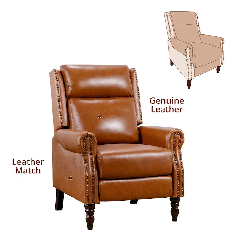 Fauteuil inclinable inclinable en cuir véritable de style milieu du siècle, camel/brun-rouge/bleu, pour 1 personne