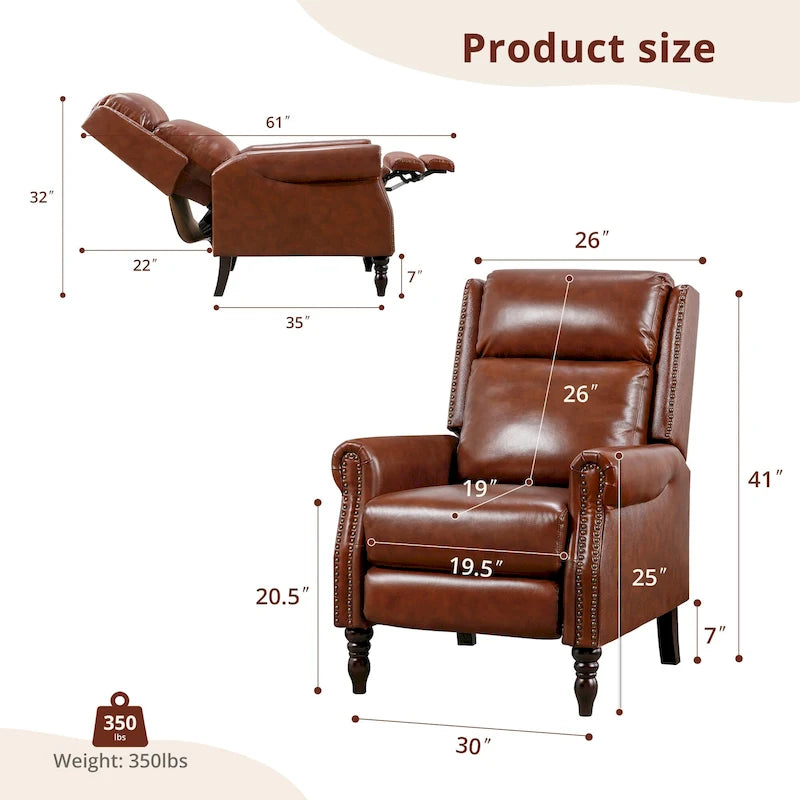 Fauteuil inclinable inclinable en cuir véritable de style milieu du siècle, camel/brun-rouge/bleu, pour 1 personne