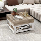 Table Basse Carrée de Ferme 4 Couleurs avec Pieds en X et 2 Niveaux de Rangement (Options Plateau Relevable)