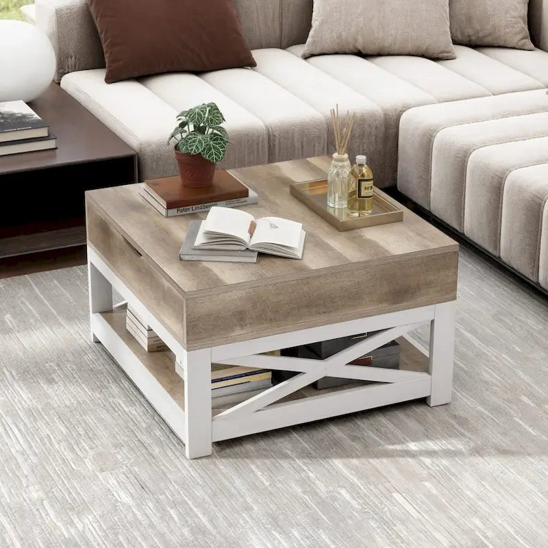 Table Basse Carrée de Ferme 4 Couleurs avec Pieds en X et 2 Niveaux de Rangement (Options Plateau Relevable)