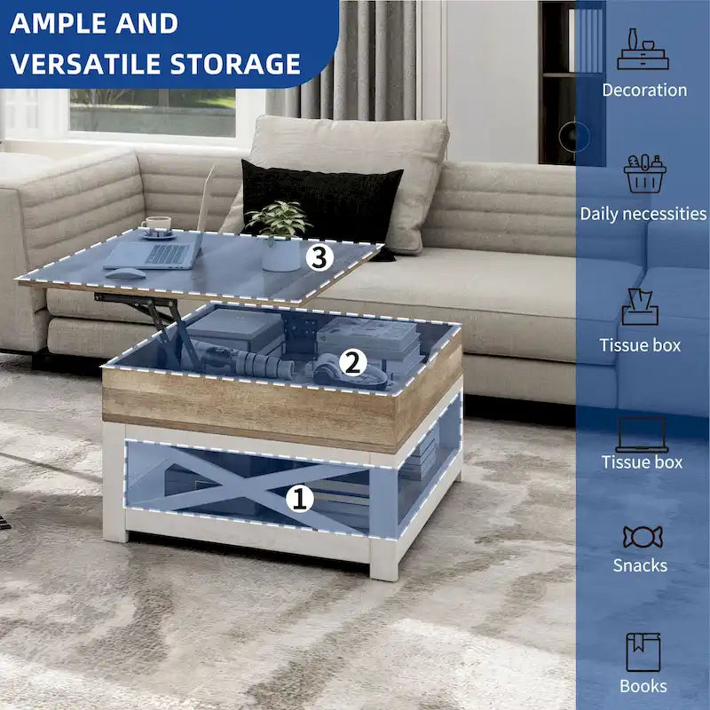 Table Basse Carrée de Ferme 4 Couleurs avec Pieds en X et 2 Niveaux de Rangement (Options Plateau Relevable)