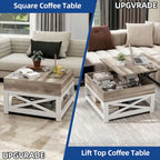 Table Basse Carrée de Ferme 4 Couleurs avec Pieds en X et 2 Niveaux de Rangement (Options Plateau Relevable)