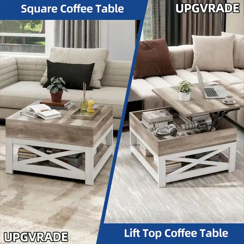 Table Basse Carrée de Ferme 4 Couleurs avec Pieds en X et 2 Niveaux de Rangement (Options Plateau Relevable)