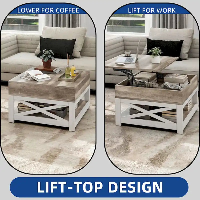 Table Basse Carrée de Ferme 4 Couleurs avec Pieds en X et 2 Niveaux de Rangement (Options Plateau Relevable)