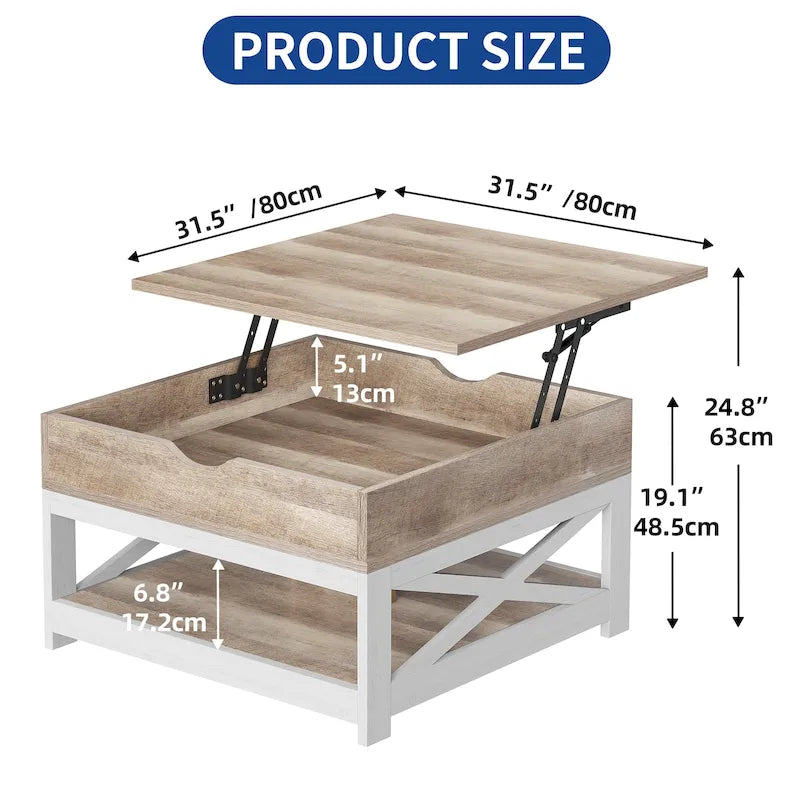 Table Basse Carrée de Ferme 4 Couleurs avec Pieds en X et 2 Niveaux de Rangement (Options Plateau Relevable)